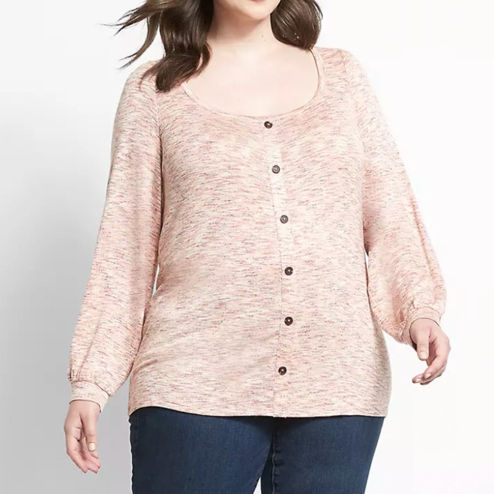 Lane Bryant 14/16 Orange Heather Stretch Knit Faux Button‎ Front Top Plus 1X